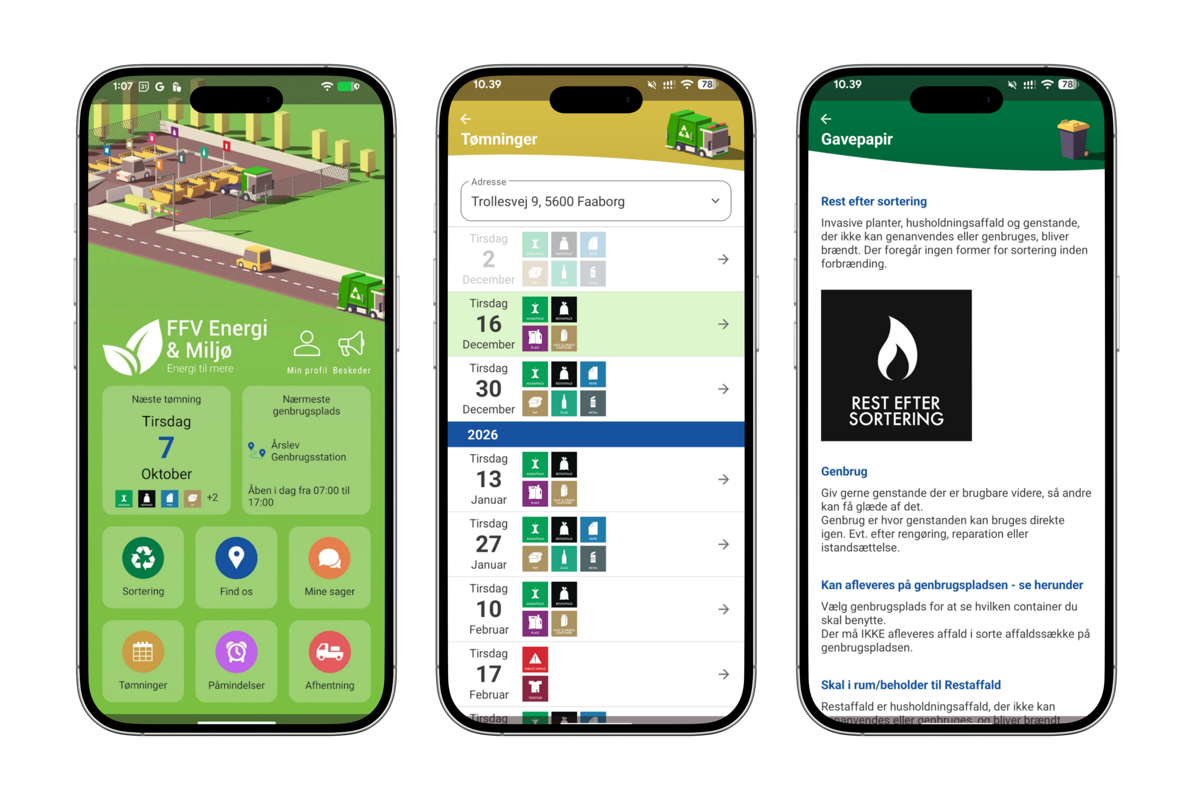 Tre telefoner med billeder fra appen FFV Affaldsguide